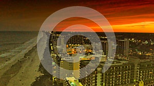 Aerial view of Myrtle Beach skyline during sunset from drone point of view, South Carolina