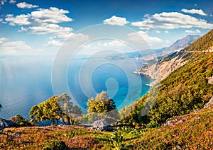 Aerial view of Myrtos bay. Picturesque morning scene of Cephalonia island