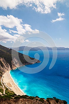 Aerial view at Myrtos Beach and fantastic turquoise and blue Ionian Sea water. Greek islands. Top view, summer scenery