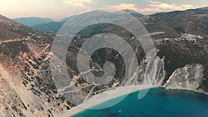 Aerial view of Myrtos beach, the most beautiful beach of Kefalonia