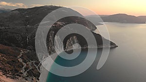 Aerial view of Myrtos beach, the most famous and beautiful beach of Kefalonia