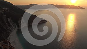 Aerial view of Myrtos beach, the most famous and beautiful beach of Kefalonia