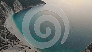 Aerial view of Myrtos beach at sunset, the most beautiful beach of Kefalonia