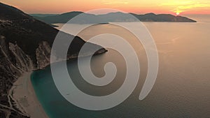 Aerial view of Myrtos beach at sunset, the most beautiful beach of Kefalonia