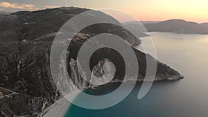 Aerial view of Myrtos beach at sunset, the most beautiful beach of Kefalonia