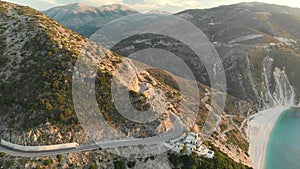 Aerial view of Myrtos beach at sunset, the most beautiful beach of Kefalonia