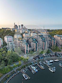 Aerial view of Nacka strand residential area and marina in the morning