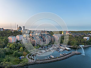 Aerial view of Nacka strand residential area and marina in the morning