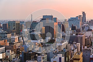 Aerial view of Nagoya cityscape with beautiful sunset