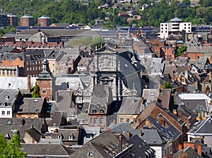 Aerial view of Namur city with the beautiful facade of Saint Loup church, Belgium