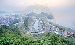 Aerial view of Nanfangao harbor at dawn, a fishing village on northeastern coast of Taipei Taiwan