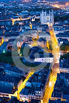 Aerial view of Nantes city at night photo