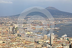 Aerial view Naples City with its Port and Mount Vesuvius Monte Vesuvio at the back, Naples Napoli, Campania, Italy Italia