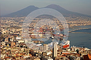 Aerial view of Naples city with Mount Vesuvius