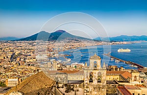 Aerial view of Naples with Mount Vesuvius at sunset, Campania, Italy