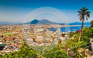 Aerial view of Napoli with Mount Vesuvius at sunset, Campania, Italy