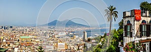 Aerial view of Napoli with Mount Vesuvius at sunset, Campania, Italy photo