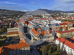 Aerial view of Narodna ulica street in Banska Bystrica during winter