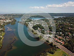 Aerial view of Narrabeen Lake and Sydney CBD