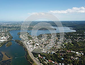 Aerial view of Narrabeen Lake and Sydney CBD