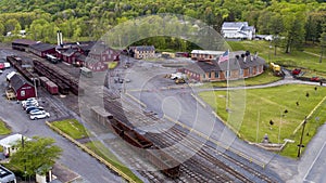 Aerial View of a Narrow Gauge Train Yard, With Coal Hoppers, Shops and Roundhouse