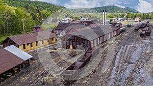 Aerial View of a Narrow Gauge Train Yard, With Coal Hoppers, Shops and Roundhouse