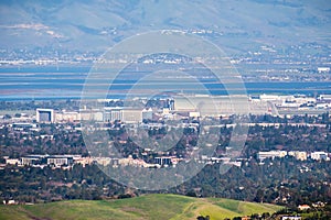 Aerial view of the NASA Ames Research Center and Moffett field