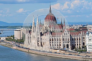 Aerial view of the National Hungarian Parliament and Danube in B