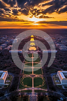 aerial view of the national mall at sunset