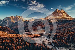 Aerial view of National Park Tre Cime di Lavaredo. Location place Auronzo, Misurina, Dolomiti alps, South Tyrol, Italy, Europe