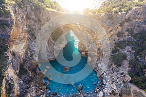 An aerial view of a natural paradise in Antalya, Turkey, called hole in the sea.