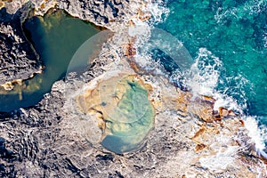 Aerial view Natural pool by the ocean, Mosteiros, Sao Miguel. Azores