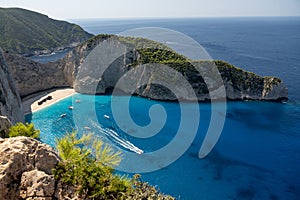 Aerial view of Navagio beach on Zakynthos island, Greece. Shipwreck Beach or Agios Georgios. is exposed cove in the Ionian Islands