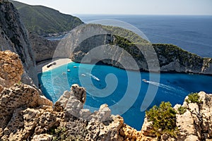 Aerial view of Navagio beach on Zakynthos island, Greece. Shipwreck Beach or Agios Georgios. is exposed cove in the Ionian Islands