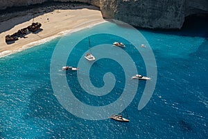 Aerial view of Navagio beach on Zakynthos island, Greece. Shipwreck Beach or Agios Georgios. is exposed cove in the Ionian Islands