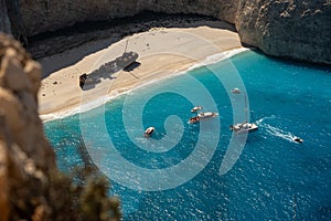 Aerial view of Navagio beach on Zakynthos island, Greece. Shipwreck Beach or Agios Georgios. is exposed cove in the Ionian Islands