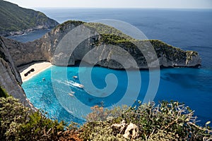 Aerial view of Navagio beach on Zakynthos island, Greece. Shipwreck Beach or Agios Georgios. is exposed cove in the Ionian Islands