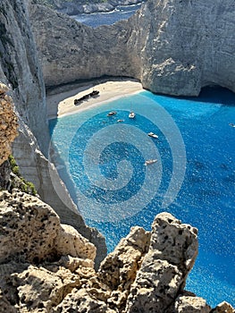 Aerial view of Navagio beach on Zakynthos island, Greece. Shipwreck Beach or Agios Georgios. is exposed cove in the Ionian Islands