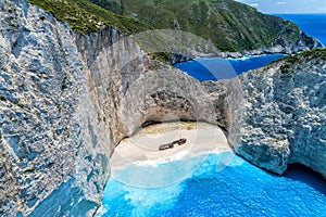 Aerial view of Navagio (Shipwreck) Beach in Zakynthos island, Gr photo