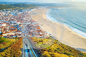 Aerial view of Nazare from Miradouro do Suberco with funicular. Portugal