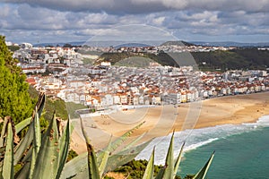 Aerial view of NazarÃ© town and the Atlantic ocean, Portugal photo