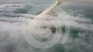 Aerial view of the Nazimov sand spit in fog, Russia