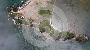 Aerial view of the Nazimov sand spit in fog, Russia