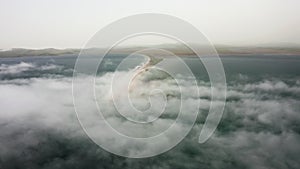 Aerial view of the Nazimov sand spit in fog, Russia