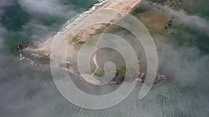 Aerial view of the Nazimov sand spit in fog, Russia