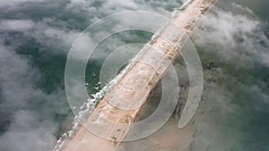 Aerial view of the Nazimov sand spit in fog, Russia