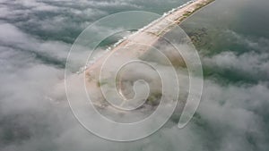 Aerial view of the Nazimov sand spit in fog, Russia