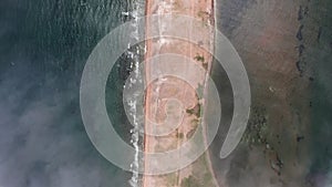 Aerial view of the Nazimov sand spit in fog, Russia