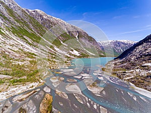 Aerial view near Nigardsbreen glacier in Nigardsvatnet Jostedalsbreen national park in Norway in a sunny day