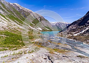 Aerial view near Nigardsbreen glacier in Nigardsvatnet Jostedalsbreen national park in Norway in a sunny day